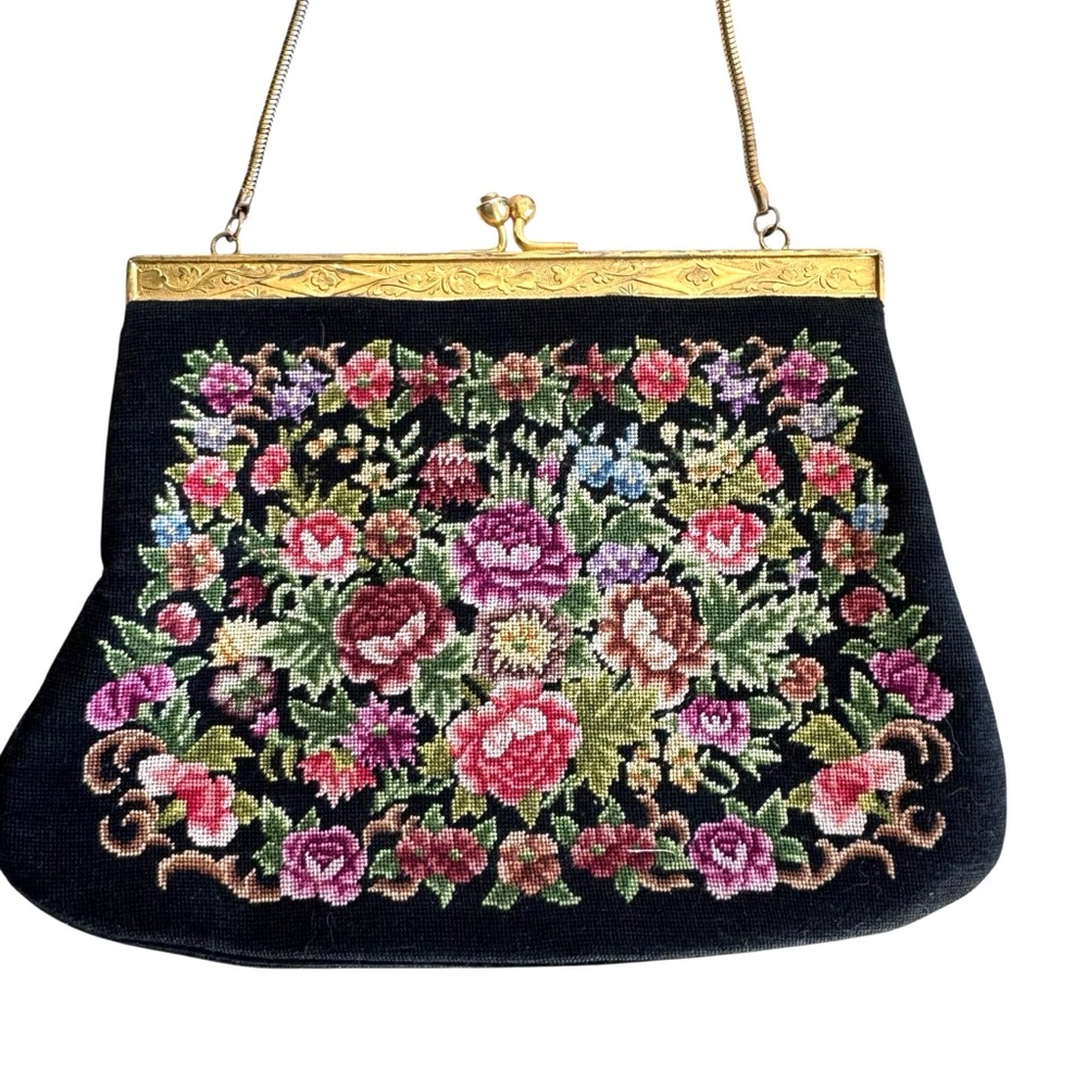Vintage Petite Point Needlepoint Purse Floral  Turn Closure Black Satin Lining